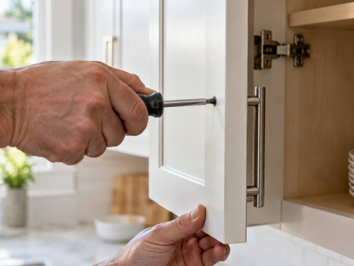 A cordless drill driving a new handle screw through the face of a cabinet door.