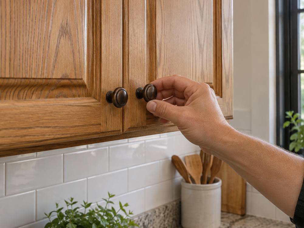 A hand pulling a bronze knob on a warm oak cabinet door.