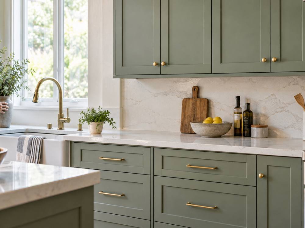Sage green kitchen cabinets with matching brass knobs, pulls and faucet.