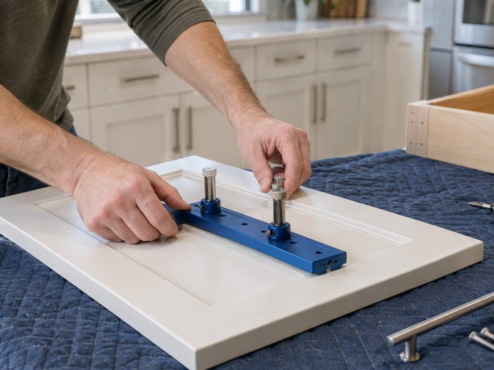 A blue drilling template clamped to a white shaker door on a padded bench.