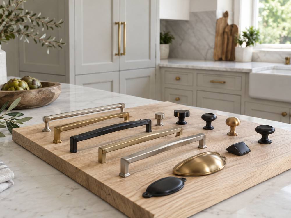 Brass, black and nickel pulls and knobs laid out on a wood board.