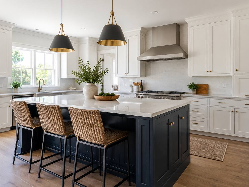A navy painted island with woven stools in a bright white kitchen.
