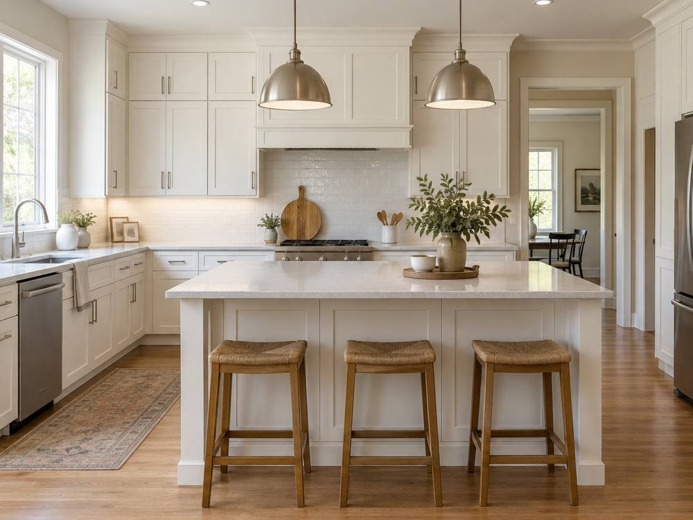 A white shaker kitchen with a large island and three wooden stools.