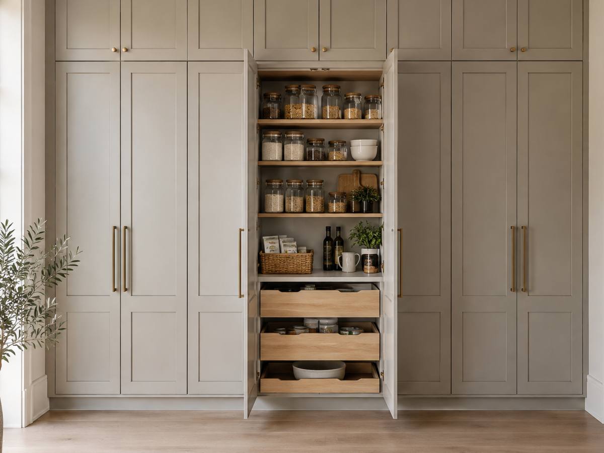 Light grey painted pantry cabinets with pull-out shelves loaded and open in a kitchen.
