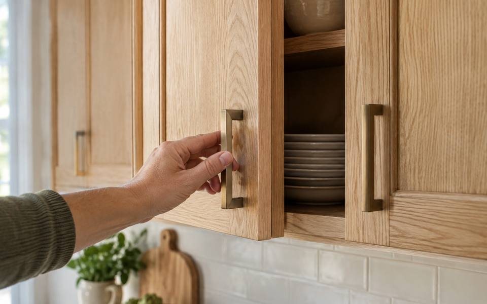 A hand resting on a white oak cabinet door showing the open grain.