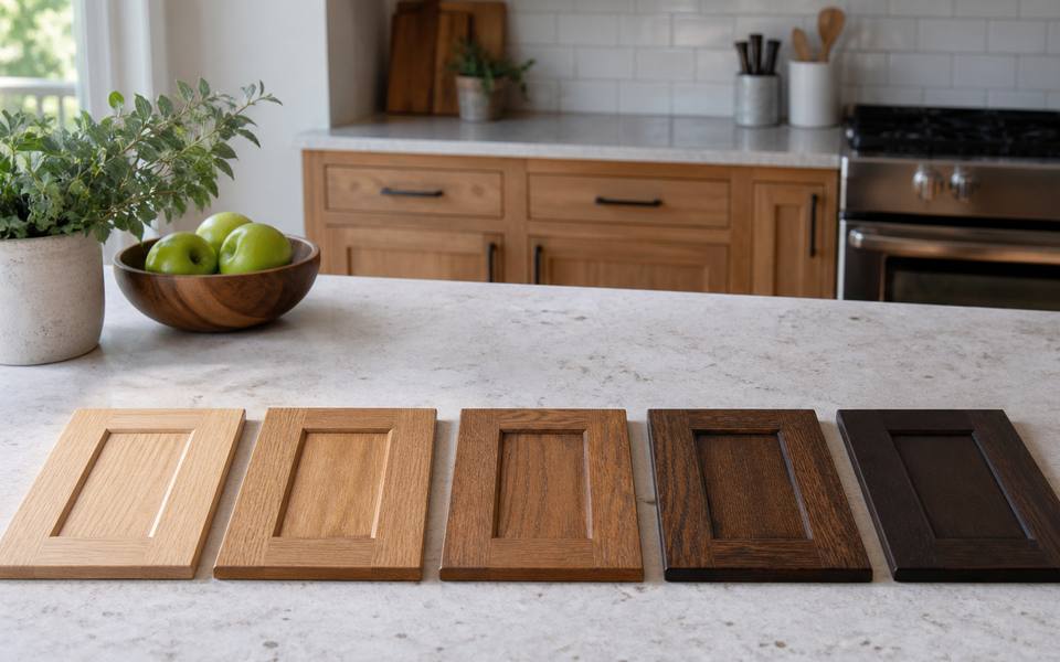 Stain sample boards laid out in a row across a kitchen counter.