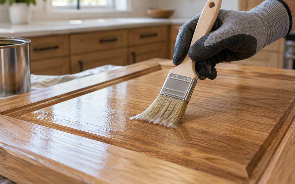 A brush laying clear coat across the panel of a stained wood cabinet door.