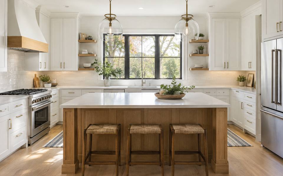 A cream remodelled kitchen in Whitby built around a large central island.