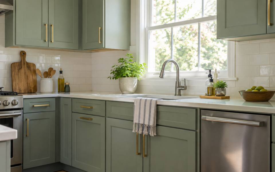 Sage green lower cabinets under white uppers with brass pulls throughout.