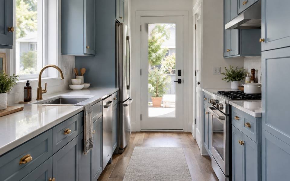 A blue-grey galley kitchen with painted uppers and lowers along both walls.