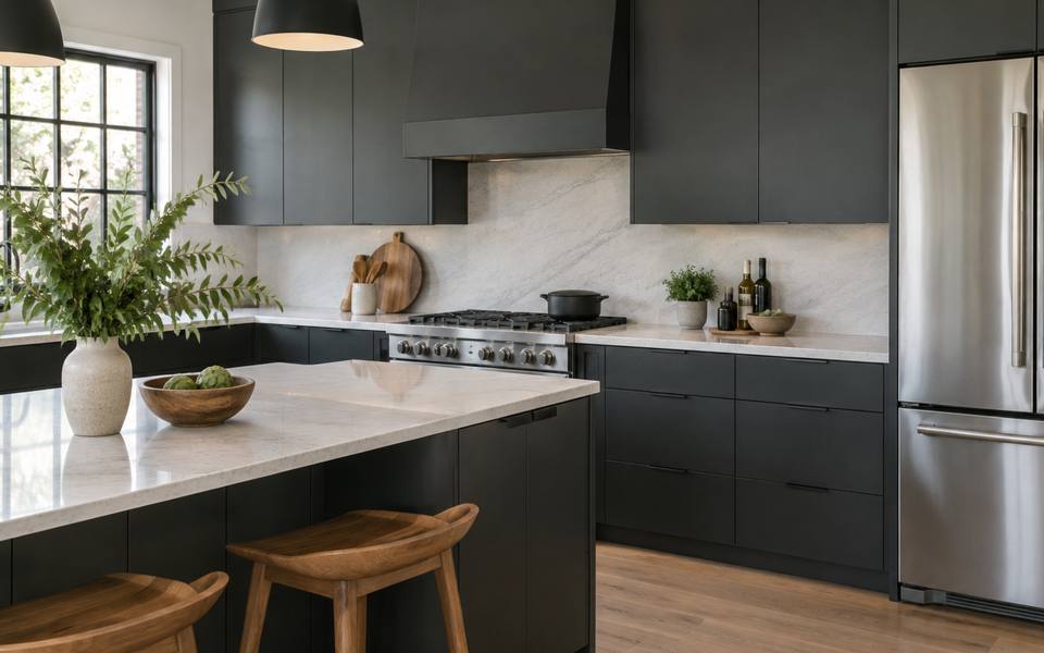 A charcoal grey slab-front kitchen with warm wood accent shelving.