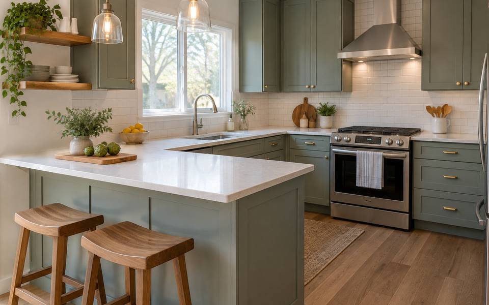A small kitchen with a breakfast bar and two stools pulled up to it.