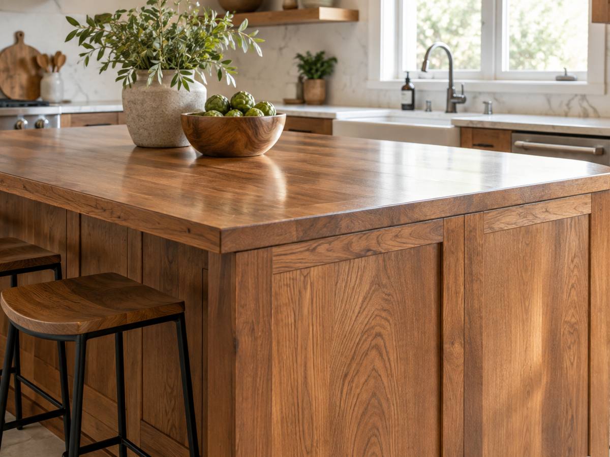 A restored wood island with three stools standing in a bright white kitchen.